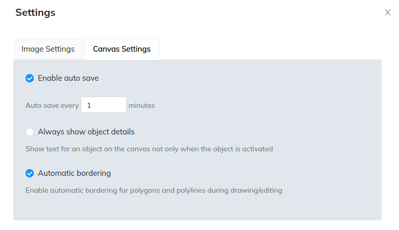 Settings panel - Canvas settings